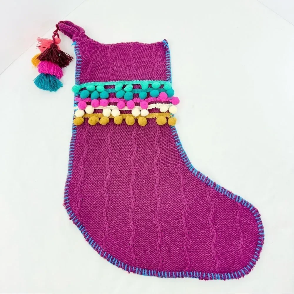 Natural Life Set of 3 Boho Christmas Stockings Purple Cable Knit PomPom Trim